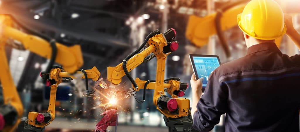 Engineer check and control welding robotics automatic arms machi