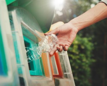 people putting plastic bottle in to recycle bin at park